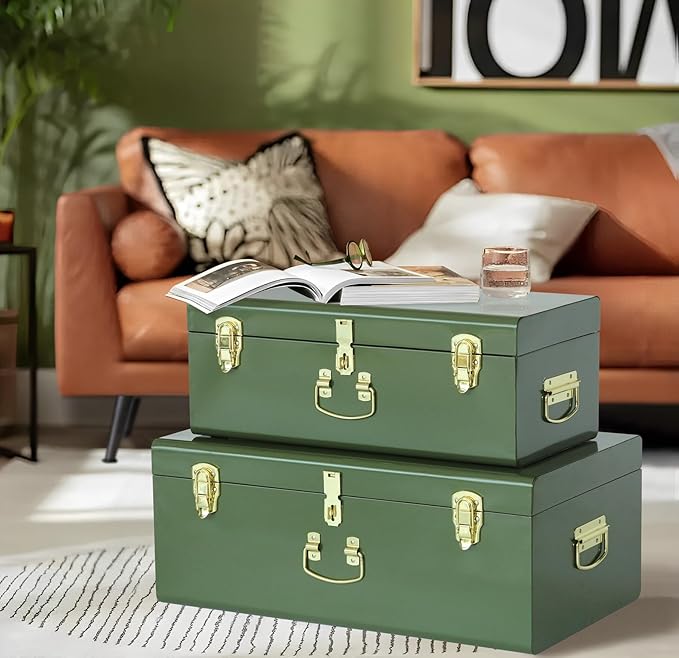 Vixdonos Metal Trunk Decorative Storage Box Set of 2 College Dorm Chest with Handle (Green)