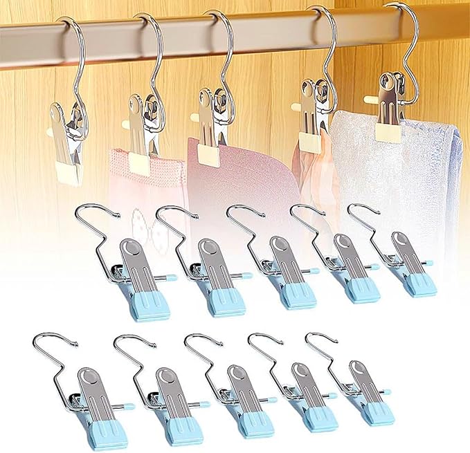 2024 New Space-Saving Clothespin Hat Pants Storage Hanging Travel Hook, 360° Swivel Stainless Steel Hangers with Clips, Laundry Hooks Hanging Clips Clothes Pins Socks Towel Clips (F-Blue 10PCS)