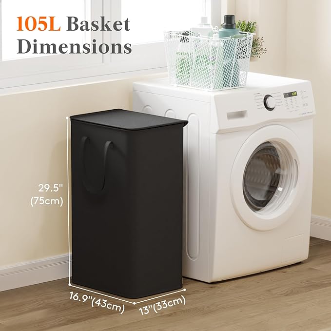 Lifewit 105L Large Big Laundry Hamper, Laundry Basket with Lid, Dirty Collapsible Clothes Storage with Easy Carry Extended Handles, Tall Hampers for Bedroom Laundry Room, White, 1 Pack