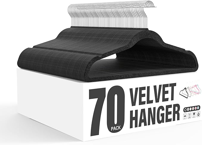 Simple Deluxe Velvet Hangers 70 Pack, Non-Slip Clothes Hangers with Shoulder Notches, 360° Swivel Hooks, Heavy Duty Coat Suit Hangers for Closet Space Saving, Black