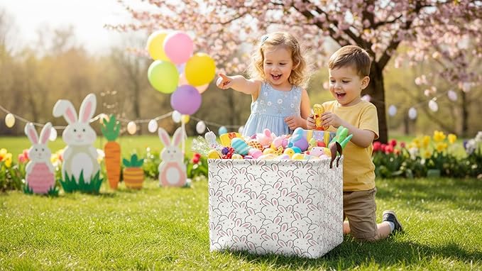 Rectangle Easter Gift Basket Empty,Collapsible Kids Toys Bin for Playroom/Bedroom,Room Decor(Bunny)