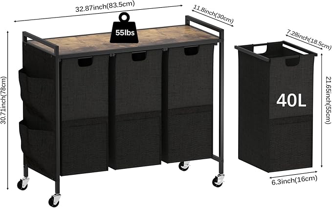 Laundry Hamper, Laundry Basket, Laundry Sorter with Top Shelf & 3 Removable Washable Bags & Side Pockets for Laundry Room organization, Bathroom and Dorm, Rustic Brown and Black
