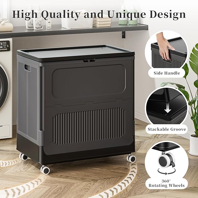 HAIXIN HOME 130L Rolling Laundry Hamper with Lid, Large Plastic Laundry Basket for College Dorm, Foldable Dirty Clothes Hamper Organizer for Industry, Bedroom, Living Room, Bathroom - Black 2 Pack