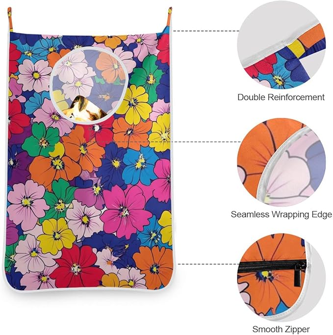 Hanging Laundry Hamper with Stainless Steel Hooks,Oxford Fabric Printing Door Laundry Clothes Bag, 29.5X20inch 1PCS Kawaii Small Hibiscus Flowers