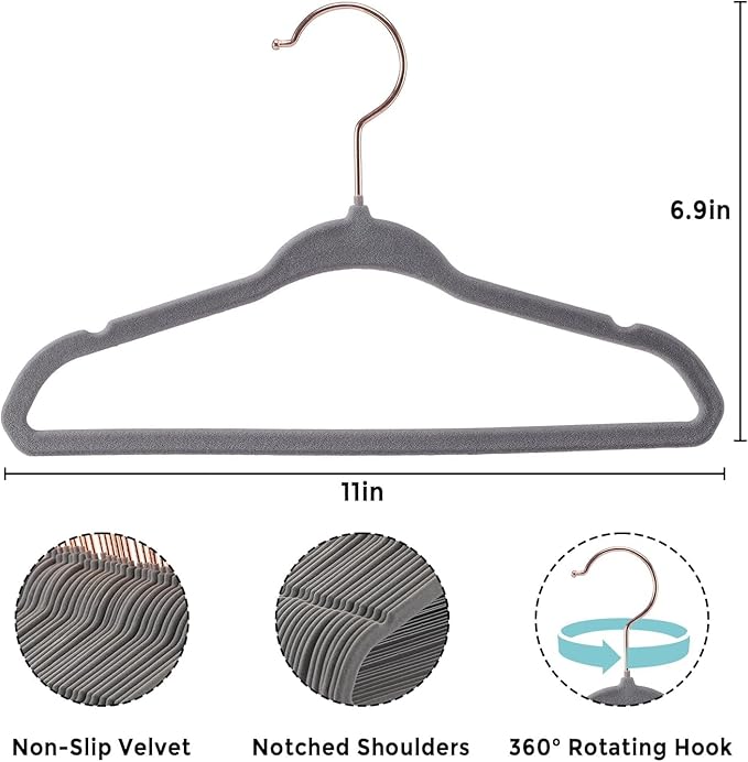 Baby Velvet Hangers 50 Pack - 11 Inch Non-Slip Felt Kids Hanger for Newborn Clothes - Small Toddler Child Hangers Durable for Every Use - 10 Hanger Clips Included, Gray