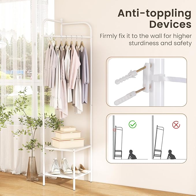Tangkula Corner Coat Rack with Storage, Simple Hall Tree with Hanging Rod & 2 Mesh Shelves, Anti-toppling Devices, Freestanding Metal Clothes Rack Shoes Shelf Organizer for Entryway Bedroom (White)