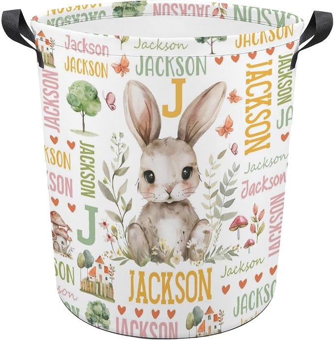 Bunny Laundry Basket,Custom Laundry Hamper with Name,Personalized Bunny Gifts for Boys Girls,Customize Collapsible Laundry Basket for Bedroom Bathroom,S-16.5"x 13.8"