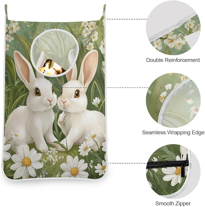 Green Easter Bunny Daisy Door Hanging Laundry Hamper Bag with Free Adjustable Stainless Steel Hooks Dirty Clothes Hamper Extra Large Over the Door Laundry Hamper 29.5X20inch 2Pack