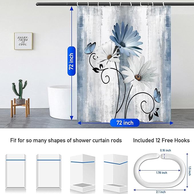 4PCS Rustic Blue Flower Farmhouse Shower Curtain Set,Waterproof Blue Daisy Floral Bathroom Decor Accessory Set