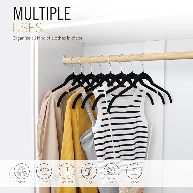 ManGotree Velvet Shirt Hangers for Women, 16.5'' Suit Hangers with Shoulder Groove, Non-Slip Dress Clothes Hanger for Coats, Tank Tops, Shirts, Blouses, Shorts (22 Pack, Black)