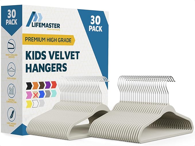Ivory Velvet Kids Hangers 30 Pack, 10.83" Non-Slip Baby & Toddler Hangers for Clothes, Space-Saving Slim ABS Plastic with 360° Swivel Hook & Notched Shoulders, Up to 10 lb Capacity