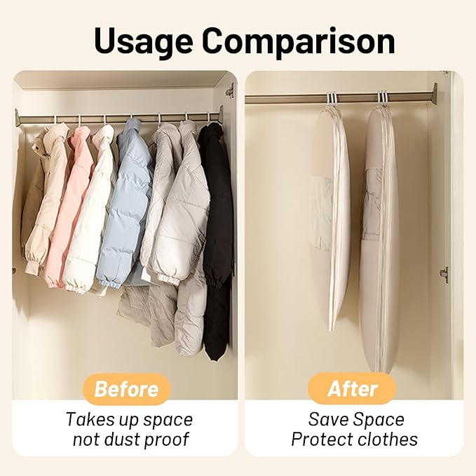 Space Saving Hanging Compression Garment Bag with Zipper for Closet Storage, Hanging Clothes Storage Bag, Garment Covers for Coats and Down Jackets, Gray, L