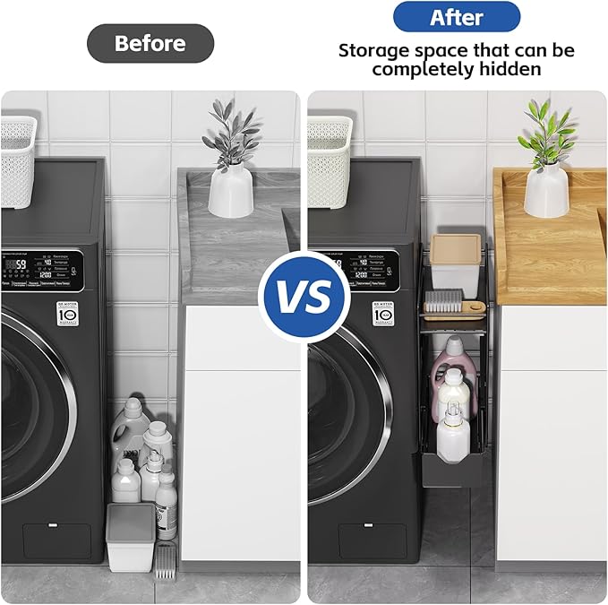 2 Tier Magnetic Shelves for Washing Machine with Pull Out Metal Drawer,Magnetic Spice Rack for Fridge,Magnetic Rack with no Installation, Versatile Storage Organizers for Home (Black, 2 Tier)