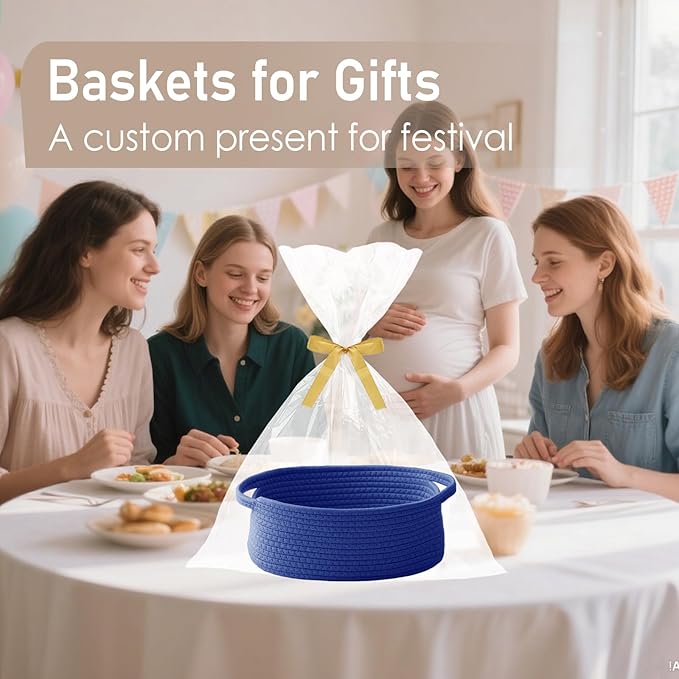 Woven Basket,Small Rope Storage Bin with Handles & Ribbon Bag, Organizer for Shelves Closets,Gift Basket Empty for Birthday,Books,Dog Toys, Navy Blue/3 Pack