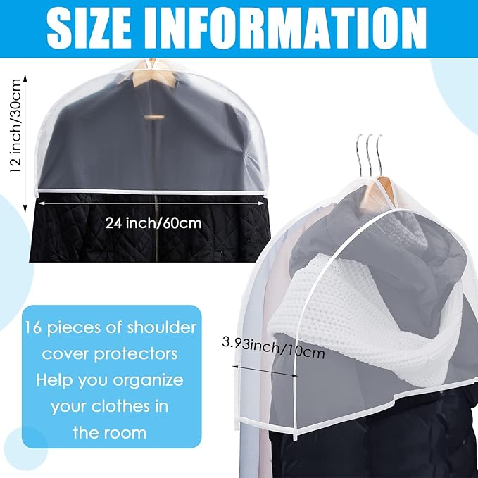 Patelai 16 Pcs 4" Gusseted Plastic Shoulder Covers for Hanging Clothes Coat Covers for Closet Clear Garment Breathable Bag for Jacket Clothing Coat Dress (Semi-transparent)