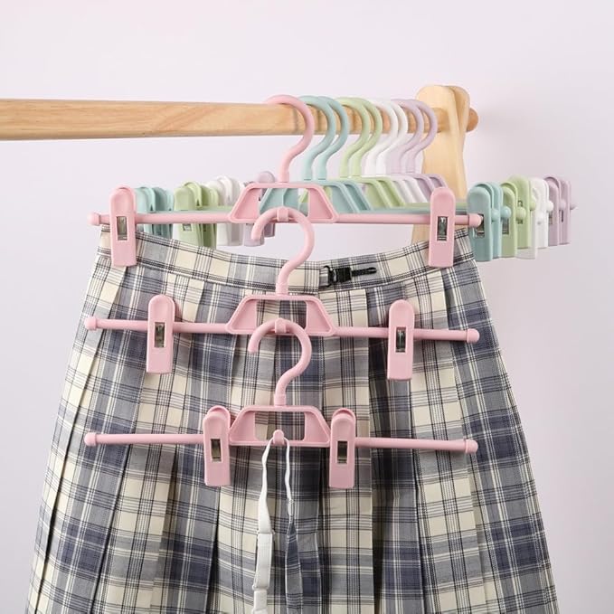DOITOOL 10 Pcs Pants Hangers with Clips, Space Saving Plastic Hangers, Skirt Hangers for Kids, Women and Girls, Non-Slip Clothes Hangers with Clips for Closet or Laundry Use