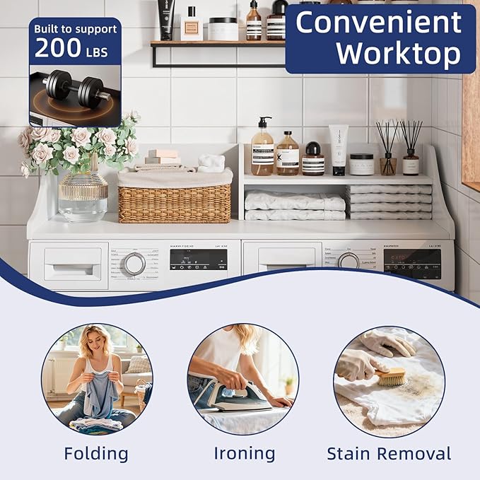2 Tiers Washer Dryer Countertop, 54" Width x 27.5" Depth Laundry Countertop Organization, Wooden Washer and Dryer Topper for Folding, Sorting & Ironing, Easy to Install, White