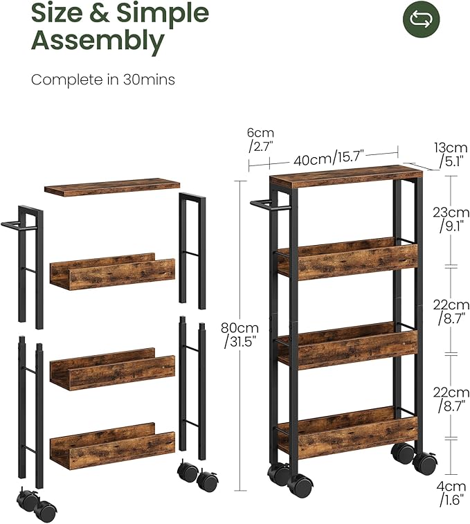 4-Tier Slim Storage Cart, 5.1'' Kitchen Serving Trolley, Slim Rolling Cart with Handle and Guard Rails, Slim Cabinet for Small Spaces, for Dining Room, Rustic Brown and Black TTC01BF