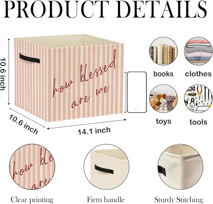 Pink Christian Storage Bin Box with Handles, How Blessed Are We Motivational Religious Foldable Baskets Organizer for Girls Bedroom Bathroom Clothes Toys Books, Toybox for Girls