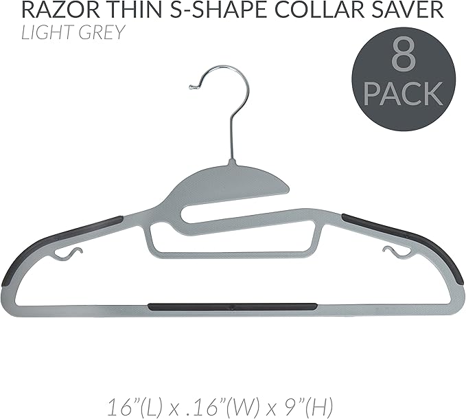 Simplify 24 Pack Ultimate Hanger | S-Shape Collar Saver | Ultra-Thin | Non-Slip | Accessory Bar | Belts | Scarves | Ties | Tank Top | Closet Organization | Light Grey