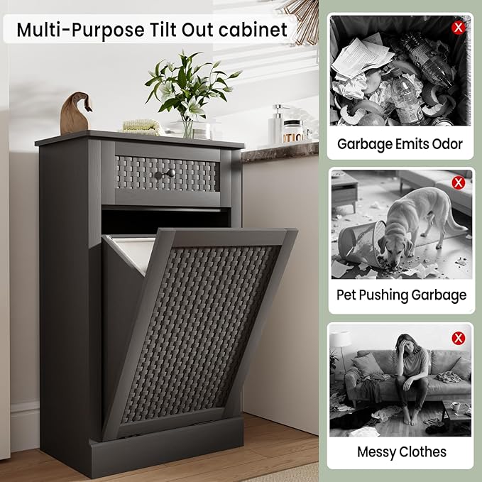 Double Tilt Out Laundry Hamper Cabinet, Rattan-Style Laundry Room Organization with Removable Laundry Basket, Hidden Wood Dirty Clothes Hamper with Drawers, 39" L x 13" W x 35.8" H, Gray