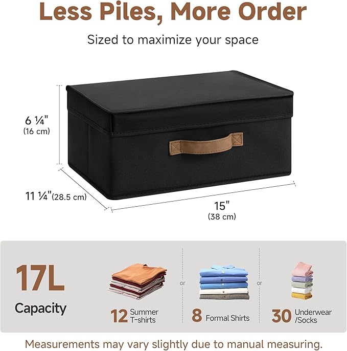 StorageWorks Fabric Storage Bins with Lid, Decorative Storage Boxes for Shelves, Stackable Closet Organizer and Storage Basket with Handle, Black, 2-Pack