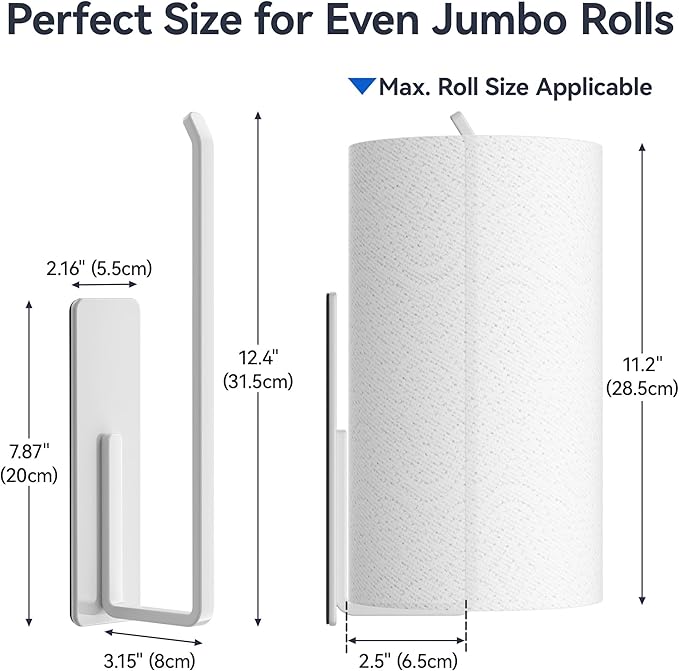 Heavy-Duty Magnetic Paper Towel Holder Fits Jumbo Rolls, White, Suitable for Kitchens, RVs, Washing Machines, BBQ Carts