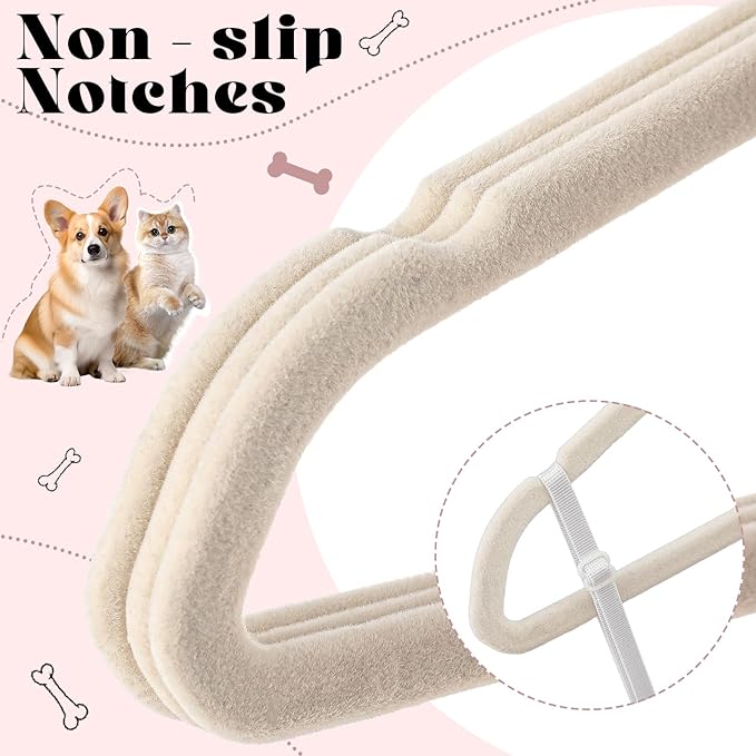 Weysat 12 Pcs Dog Clothes Hangers 11'' Non-Slip & 360° Swivel Velvet Small Pet Beige Hangers for Cats/Dogs with Rustproof Metal Hooks, Space-Saving for Home Storage & Grooming Salons Minimalism