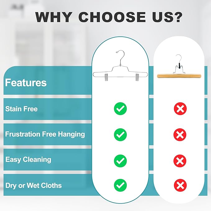 Quality Metal Skirt Hangers with Clips Space Saving - Pant Hangers with Clips & 360° Swivel Hook - Anti-Rust, Heavy-Duty Stainless Steel Hangers for Shorts, Jeans, Trousers, and More (100, 14 inch)