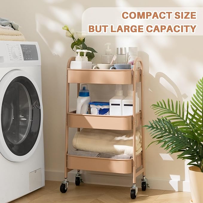 AGTEK 3 Tier Utility Rolling Cart with Lockable Wheels, Metal Multifunctional Storage, Organizer Cart for Kitchen, Office, Living Room, Makeup, Craft, Art Studio, Blush