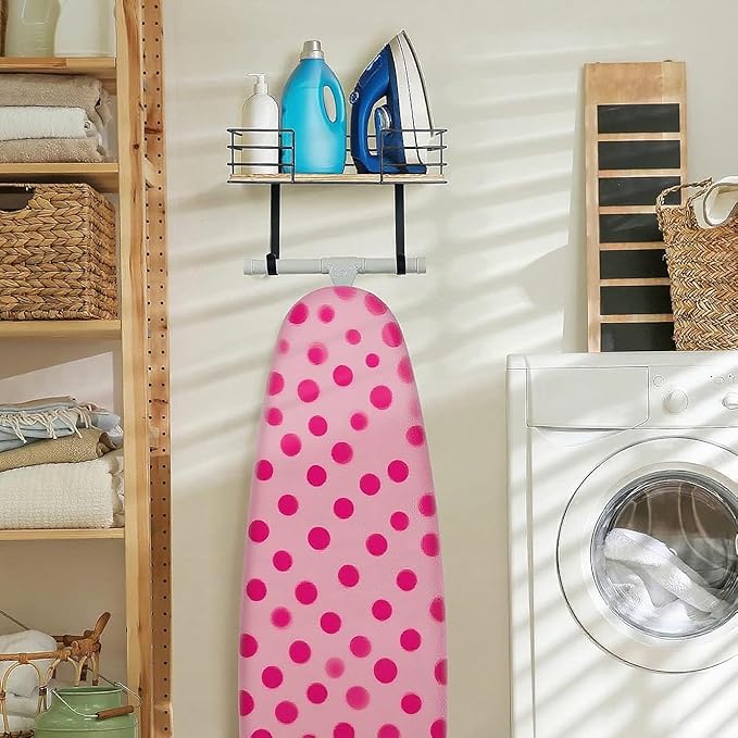 THYGIFTREE Ironing Board Holder Wall Mount, Metal Ironing Board Hanger with Shelf Laundry Room Accessories Holder for Holder for Ironing Board and Iron on Wall