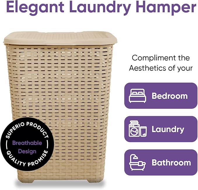 Plastic Laundry Hamper with Lid 3 Pack Laundry Hamper Basket, Beige Tall Cloths Hamper Organizer with Cut-out Handles. Space Saving for Laundry Room Bedroom Bathroom, Wicker Design 60 Liter