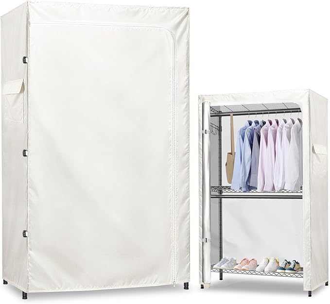 Rileytee Garment Rack Cover,600D Heavy Duty Waterproof Clothing Rack Cover,Clothes Rack Cover with Zipper for Metal Garment Rack(White,47.2"W x 17.7"D x 80.7"H,Cover Only）