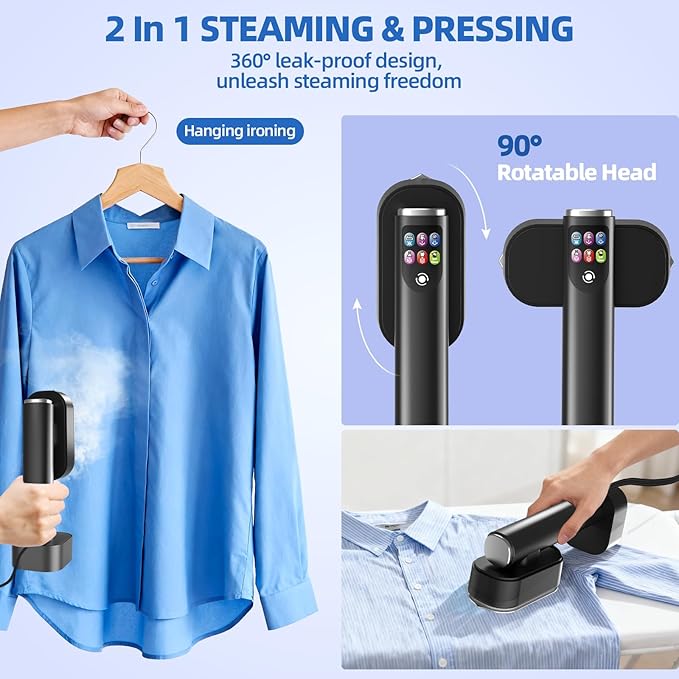 Travel Steamer for Clothes,1300W Portable Steamer＆Iron 2 In 1,15s Heat Up,LED Touch Display with 6 Modes,35Mins Runtime &190ml Lager Tank,Garment Steamer for Travel and Home 𝟏𝟏𝟎𝐕