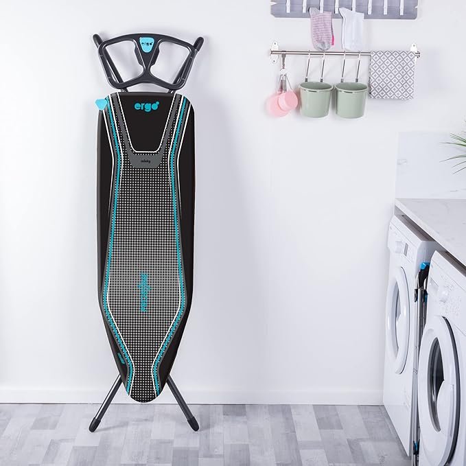 Minky Ergo Prozone Ironing Board | Made in UK | Dual Iron Rest, Heat Reflective Cover, Thick Felt Underlay - Freestanding Ironing Board with Large 48" x 15" Ironing Surface (Gunmetal and Blue)