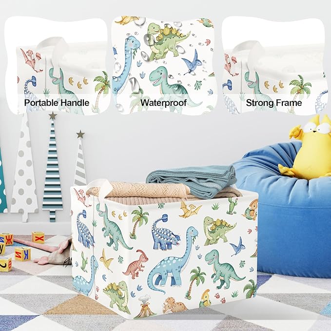 Clastyle Boho Dinosaur Laundry Basket Palm Tree Kids Clothes Book Storage Basket Gift Toy Box for Bedroom Decor,Pterosaur,40x30x30 cm