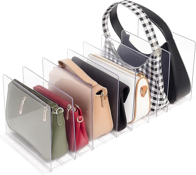 Acriloom Essentials Purse Organizer for Closet – Adjustable Bag Organizer with 2 Bases & 8 Dividers, Heavy-Duty Clear Design for Home & Personal Organization, Easy to Set Up and Maximize Closet Space