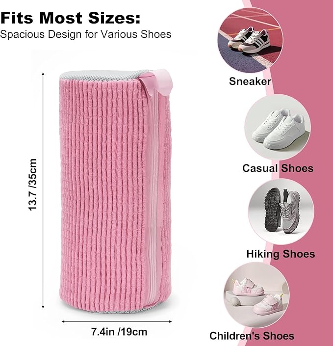 Shoe Washing Machine Bag - Shoe Laundry Bag for Washer and Dryer, Reusable 2 Pack, 360° Deep Cleaning, Self-Locking Zipper, Fits All Sneakers & Tennis Shoes - Pink