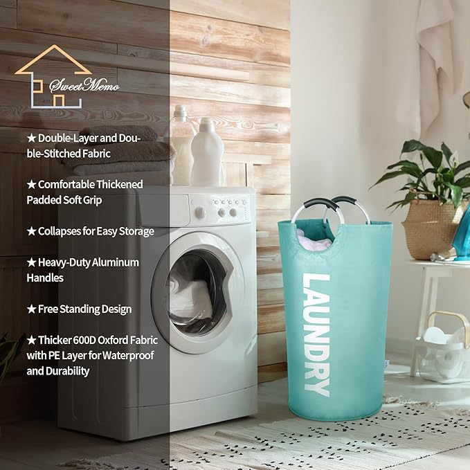 Large Laundry Basket Collapsible，Freestanding Clothes Hamper Bag with Handles – Tall Folding Dirty Laundry Bin，Sturdy Laundry Sorter for College Dorm，Laundry Room – 130L (Light Blue)