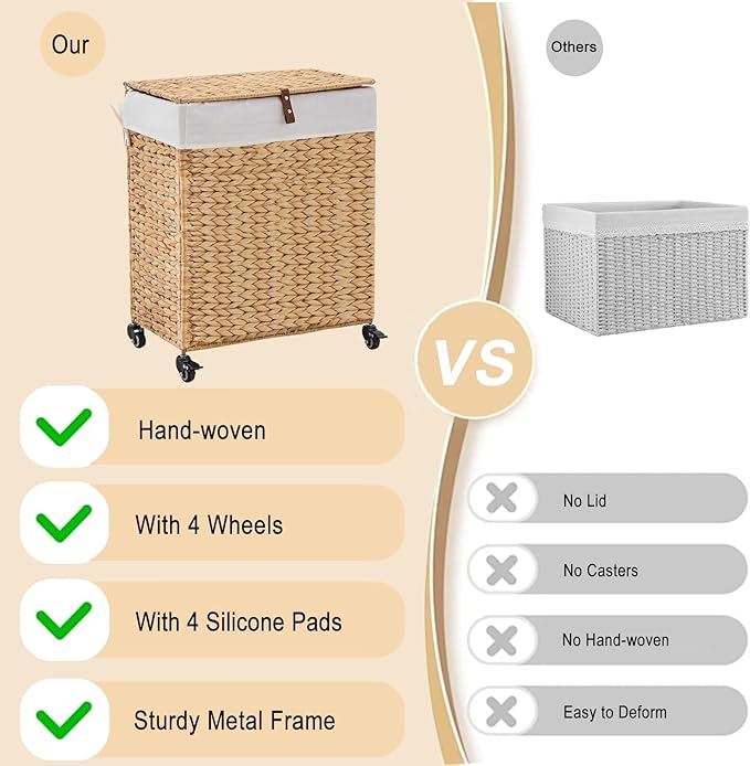 Handwoven Laundry Hamper with Wheels, Natural Water Hyacinth Rolling Laundry Basket with Lid and Removable Liner, Durable and Stylish for Bedroom, Bathroom, Laundry Room (Natural, 95L)