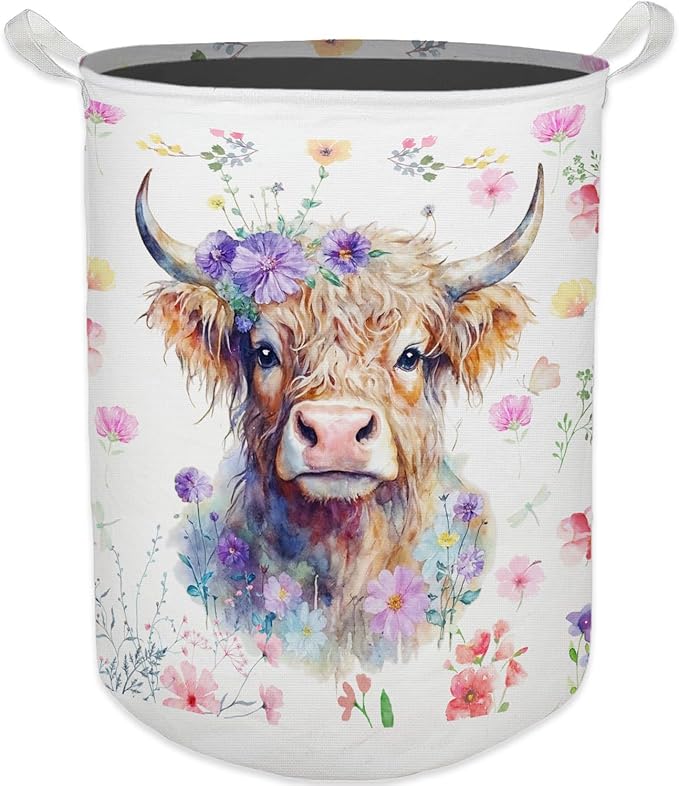 Floral Highland Cow Laundry Basket, Toybox for Girls Room, Gifts for Cow Lovers Women Laundry Hamper Waterproof Collapsible Storage Bin Organizer for Bedroom Bathroom Girls Room Dorm