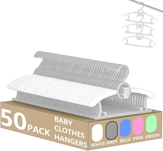 HGYZE Kid Hangers for Closet 50pcs, Grey Infant Clothes Hanger 11-14" Adjustable Plastic Baby Coat Perchas with Bear Hook, Non-Slip Children Outfit Hangars for Girl Boy Toddler Newborn Teen Clothing