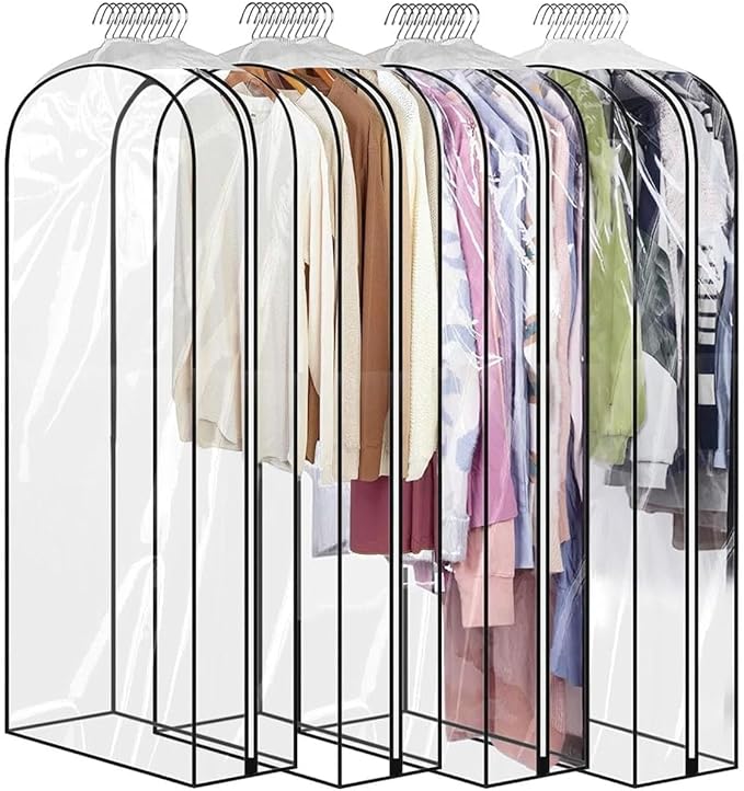 50" Clear Clothes Hangers with Smooth Side Zipper, 10" Gusseted Waterproof Garment Bags for Shirts, Coats, Dresses, Suits, 4 Pack