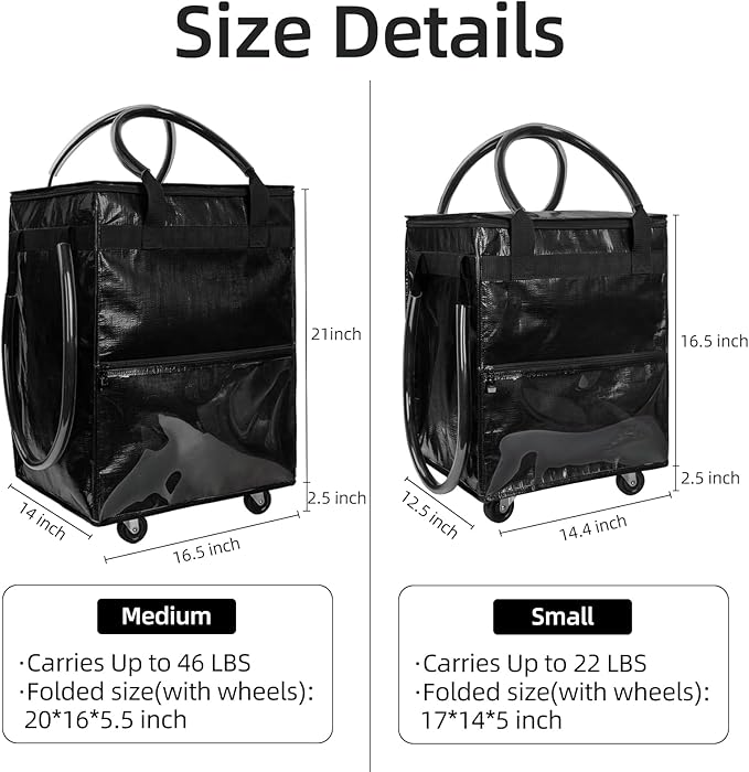 Reusable Grocery Bag on Wheels (Small-Black), Rolling Shopping Bags with Wheels and Handle, Folding Rolling Tote Trolley, Zipper Cover, Carries Up to 22 LBS, Easy Transportation
