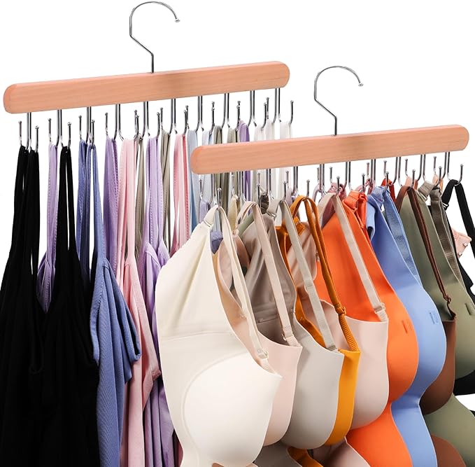 2 Pack Tank Top Hanger, 40 Hooks Large Capacity Bra Hanger, Bra Hangers for Closet Organizer & Storage, Tank Top Hangers Space Saving, Standard Hangers for Sports Bras, Tank Top (Wood, 2 Pack)
