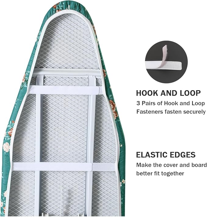 Ironing Board Cover and Pad Standard Size 15" x 54",3 Pairs of Hook and Loop Fastener Straps,Elastic Edges,Cotton Iron Board Cover with Scorch Resistant Thick Padding (Green+Flowers)