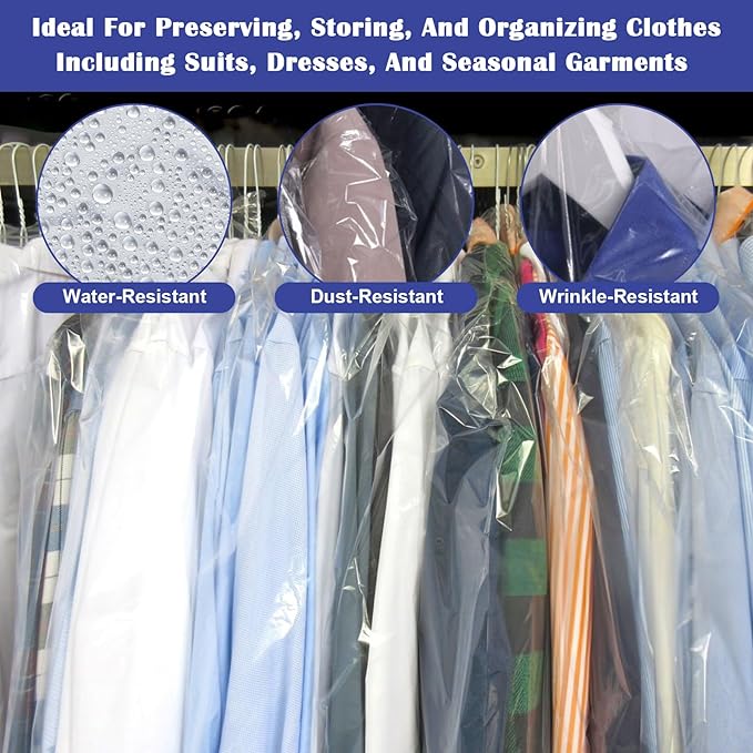 Grevosea 100 Pack Dry Cleaning Bags for Clothes, Clear Garment Bags for Hanging Clothes Plastic Clothing Storage Bag Clothe Cover for Suits Coats Home Storage Travel Moving (35.4 x 23.6 In)