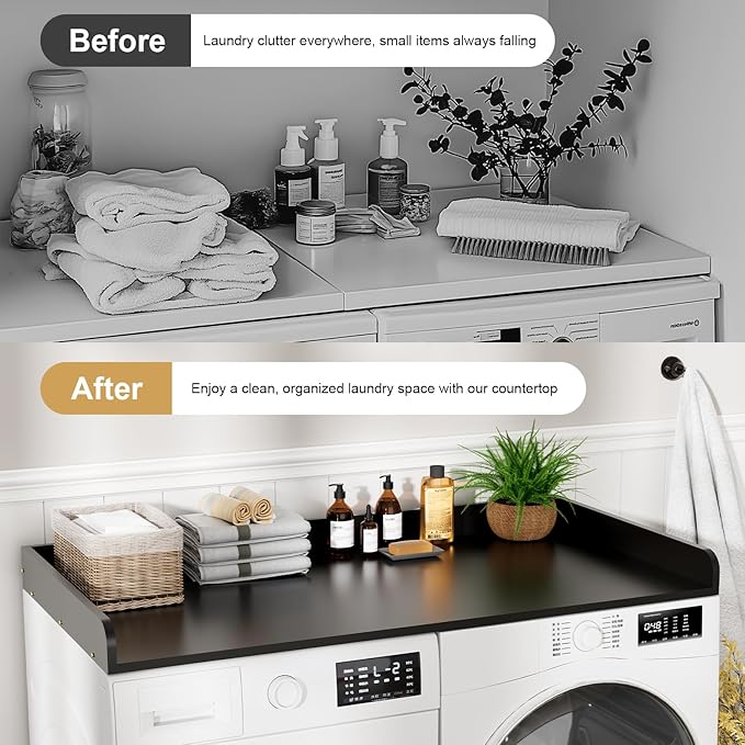 Washer Dryer Countertop, 27.5 x 54 Inch Washer and Dryer Countertop for Laundry Room Organization with Edge Wooden, Black