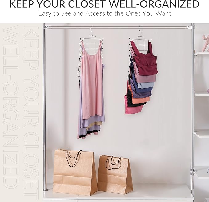 ZEDODIER 2 Pack Tank Top Hanger Space Saving, Bra Hangers for Closet Organizer, Hanging Bra Organizer Tank Tops Holder with 16 Hooks, Metal Closet Organizers and Storage Small Space Solutions, Silver