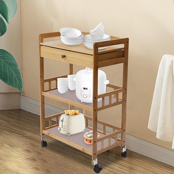 3 Tiers Bamboo Home Rolling Kitchen Trolley w/Storage Drawer Stand, Bamboo Kitchen Storage Cart, Natural Appearance, Rounded Corners, for Kitchen, Bathroom,Laundry,Living Room